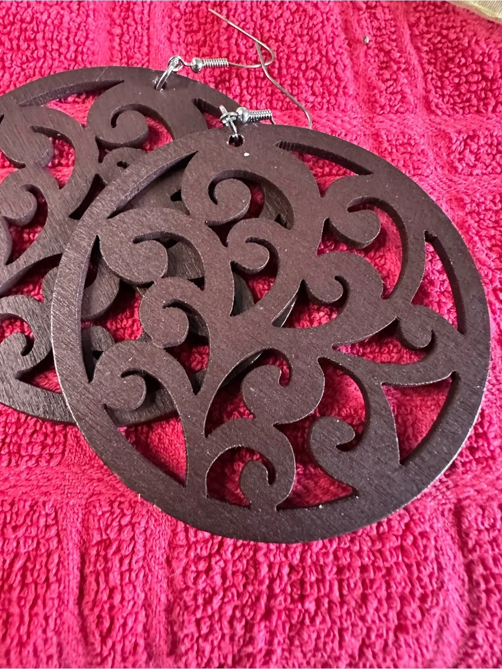 Source Unknown Brown Filigree Round Wood Earrings